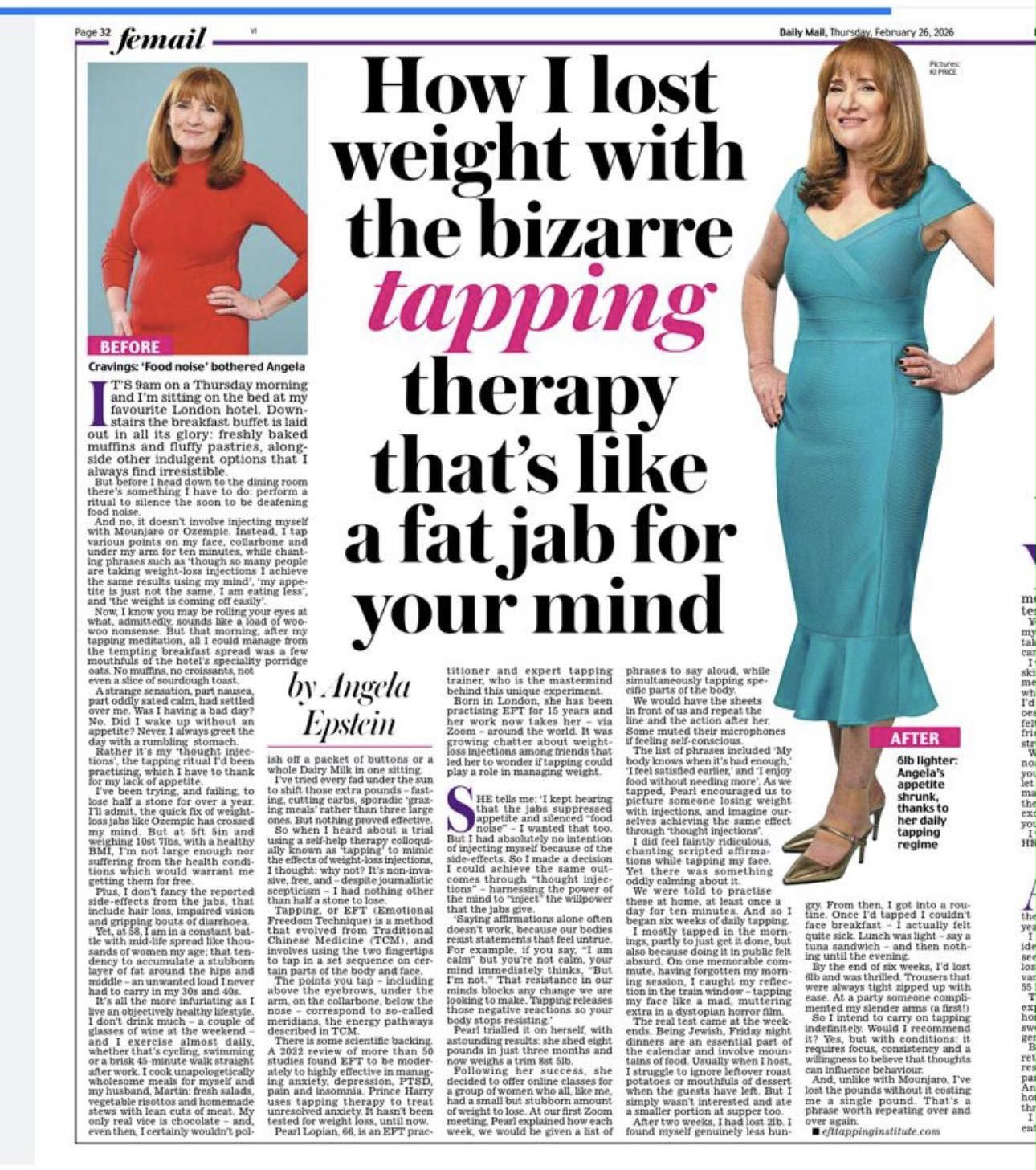 Daily Mail feature article about Pearl and tapping therapy for weight loss